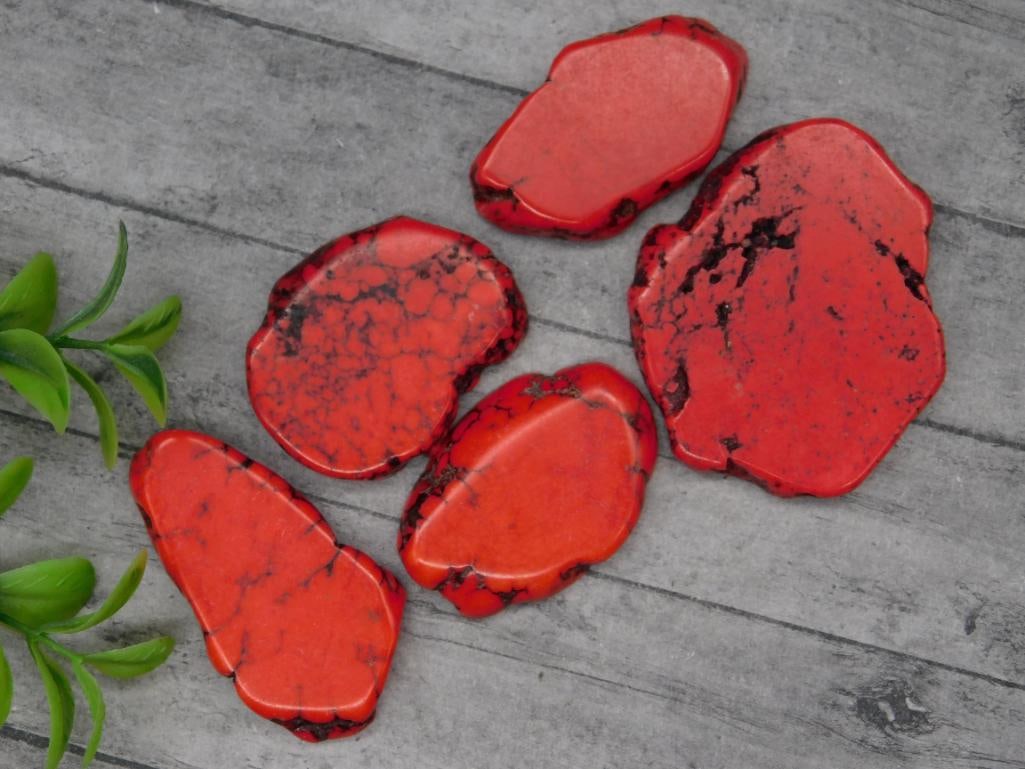 Set of Five Impression Jasper Gemstone Slabs: Set of five polished red jasper gemstone slabs with distinctive black veining. Each piece shows unique patterns and shapes. Perfect for lapidary use, gemstone collection, or other decorative purposes.