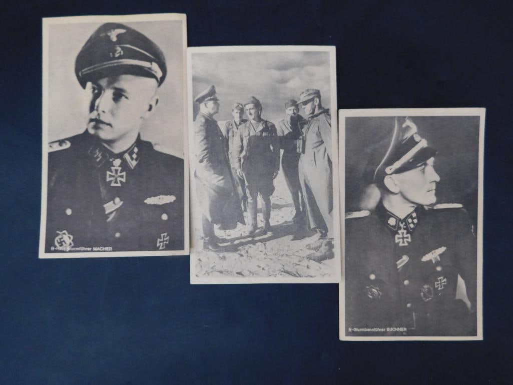 Set of Three WWII German Postcards with Military Portraits: This lot includes three WWII-era German military postcards. The cards feature detailed monochromatic images of military figures in uniform, including names and ranks printed on the front of two cards.