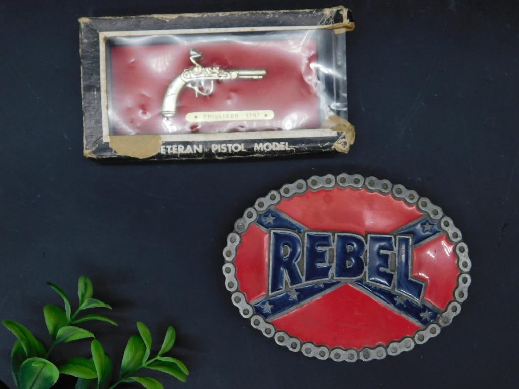 Rebel Belt Buckle and Veteran Pistol Model Display: WELCOME TO HATMAN AUCTIONS! SPECIAL NOTICE: Please see photos for measurements and descriptions. ***Yes, we have in house shipping with MANY REPEAT CUSTOMERS because of our streamlined service. ****We