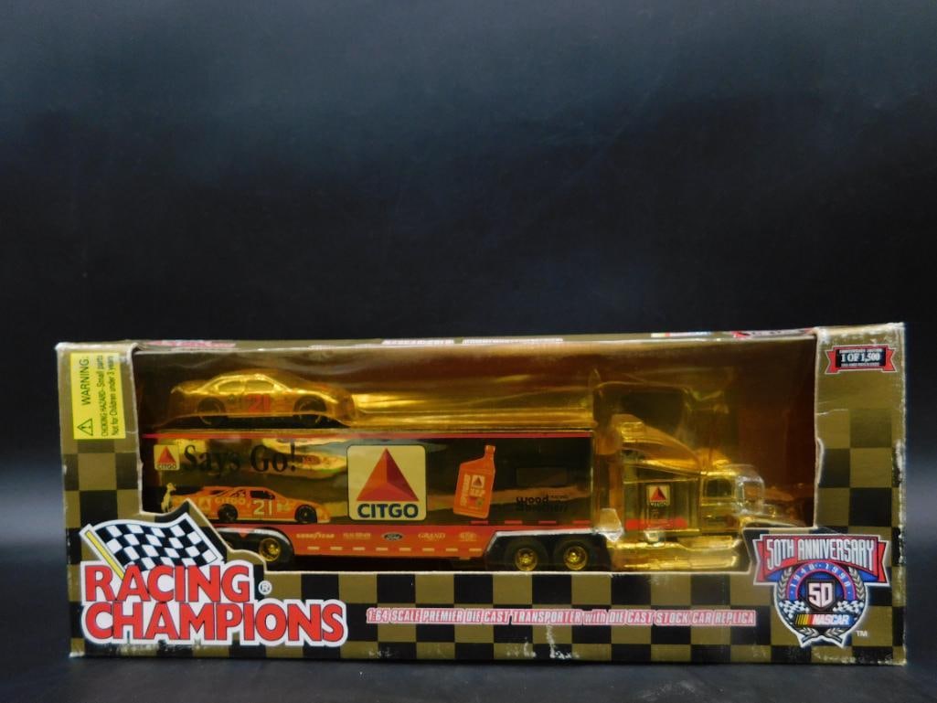 Racing Champions 50th Anniversary Die-Cast Set: Racing Champions 50th Anniversary die-cast replica set featuring a CITGO-branded transporter and stock car with the number 21. Collectible includes vibrant graphics, gold accents, and original packagi
