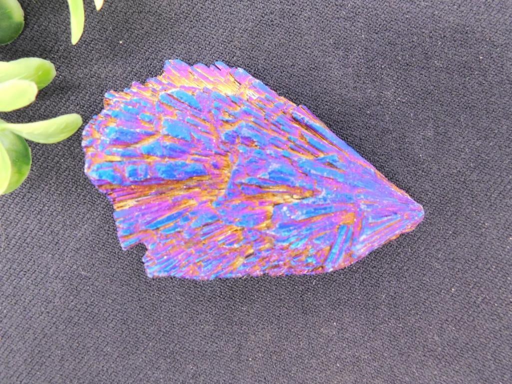 Rainbow Kyanite Rock Stone Lapidary Specimen: Titanium coated quartz crystal specimen with vibrant, metallic colors including blue, purple, and gold hues. | Features a distinctive, fan-like formation with intricate patterns. | Lightweight structu