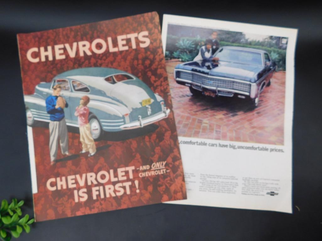 Collection of 1949 Chevrolet Print Advertisements: This lot includes a collection of vintage Chevrolet print advertisements, dated May 28, 1949. These advertisements feature colorful illustrations, promotional slogans, and detailed information about C