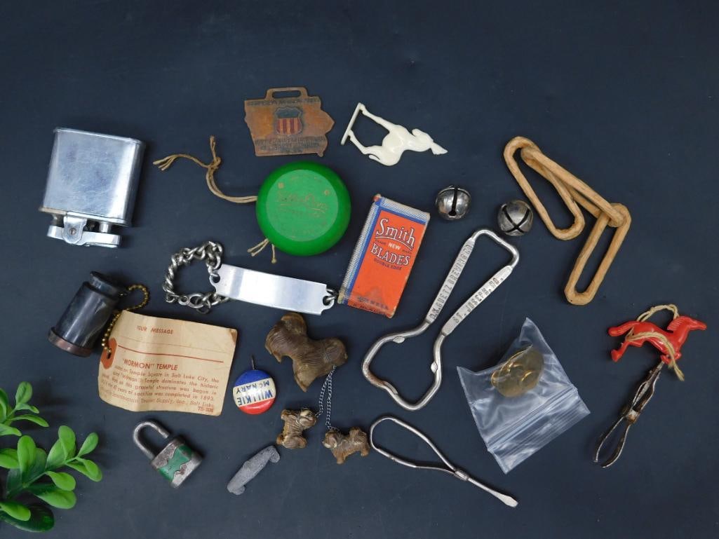 Collection of Miscellaneous Vintage Items and Collectibles: This lot includes a diverse selection of items such as a small vintage oil can, a "Mormon" temple card with historical details, a green promotional yo-yo, a Smith Blades box, a whistle, various small 
