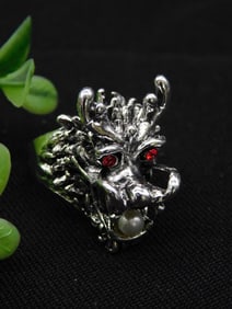 Silver Dragon Ring With Red Eyes and Pearl, Size 7.5