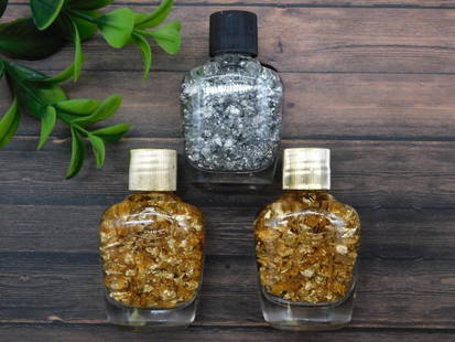 GOLD AND SILVER FLAKES IN BOTTLES ROCK STONE LAPIDARY SPECIMEN: GOLD AND SILVER FLAKES IN BOTTLES ROCK STONE LAPIDARY SPECIMEN