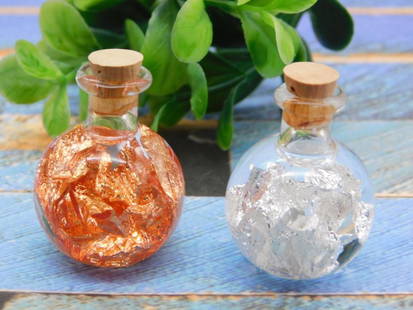 GOLD AND COPPER FLAKES IN BOTTLES ROCK STONE LAPIDARY SPECIMEN: GOLD AND COPPER FLAKES IN BOTTLES ROCK STONE LAPIDARY SPECIMEN