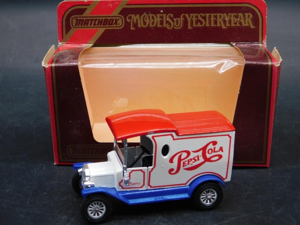 Matchbox Models of Yesteryear Pepsi Cola Van with Box: Matchbox Models of Yesteryear die-cast vehicle featuring a Pepsi Cola delivery van design. Includes original box with clear plastic window. Vehicle appears in excellent condition, with box showing som
