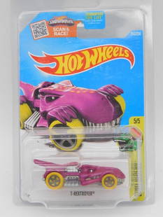 Hot Wheels T-Rextroyer 5/5 in Original Packaging: Hot Wheels T-Rextroyer die-cast vehicle in its original unopened packaging, part of the Dino Riders series. It is labeled 5/5 on the packaging. Included is a fully detailed vehicle with a purple and y