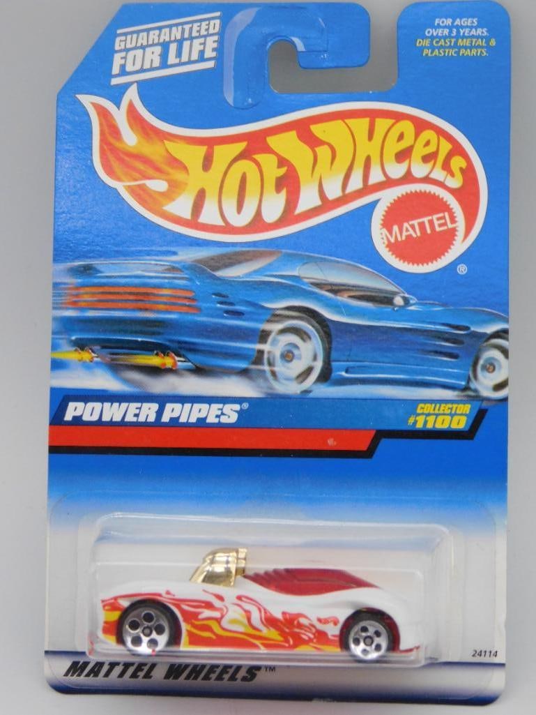 Hot Wheels Power Pipes Collector #1100 in Packaging: Factory-sealed Hot Wheels Power Pipes car from Mattel. Includes original packaging with visible card art and vehicle. Label indicates it is Collector #1100, part of the guaranteed-for-life series. Pac