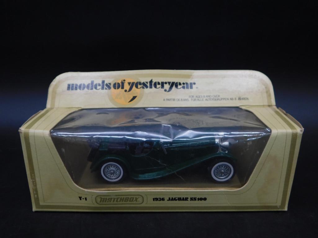 Matchbox Models of Yesteryear Jaguar SS100 in Box: Matchbox 'Models of Yesteryear' #Y-3 Jaguar SS100 diecast car in original packaging. Features a green body and silver detailing. Includes transparent display window on the box. Box displays some wear