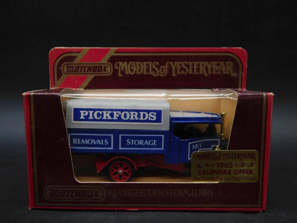 Matchbox 1922 Foden Steam Lorry Pickfords Model: Matchbox Models of Yesteryear 1922 Foden Steam Lorry die-cast model in its original packaging. The packaging features the Pickfords branding with 'Removals' and 'Storage' text. The box includes an ins