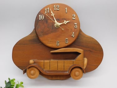 Vintage Wooden Wall Clock with Car Motif WATCHMAKER WATCHMAKING TOOLS