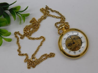 Gold-Tone Mechanical Skeleton Pocket Watch with Chain WATCHMAKER WATCHMAKING TOOLS