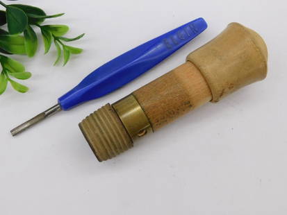 Vintage Elgin Blue Tool and Wooden Handled Brass Component WATCHMAKER WATCHMAKING TOOLS: Lot includes a vintage tool with a blue plastic handle marked "Elgin" and a wooden-handled piece with a brass-fitted component. | The blue tool has a metal tip and elongated handle for functionality.