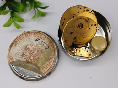 Vintage Watch Parts in Original Metal Container WATCHMAKER WATCHMAKING TOOLS