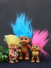 Vintage Troll Doll Trio with Colorful Hair and Outfits