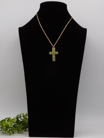Gold-Tone Cross Pendant Necklace with Green Stone Accents