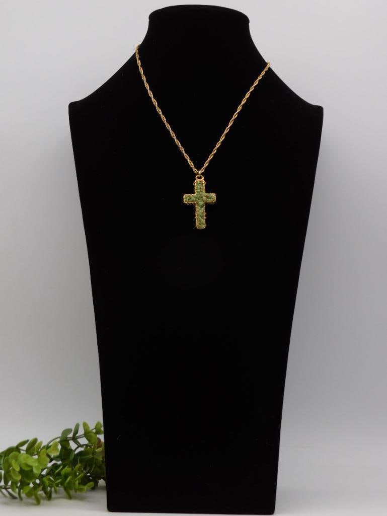 Gold-Tone Cross Pendant Necklace with Green Stone Accents (1 of 3)