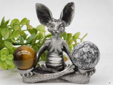 Figurine of CAT Holding Two Orb Stones ROCK STONE LAPIDARY SPECIMEN