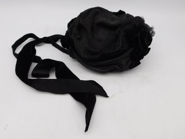 Vintage Black Hat With Ribbons and Rosette Details