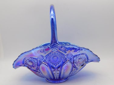 LE SMITH Blue Carnival Glass Basket with Handle and Starburst Motif
