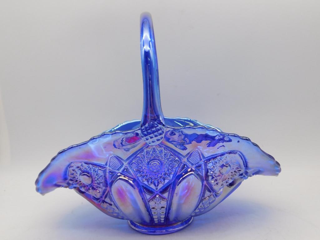 LE SMITH Blue Carnival Glass Basket with Handle and Starburst Motif (1 of 5)