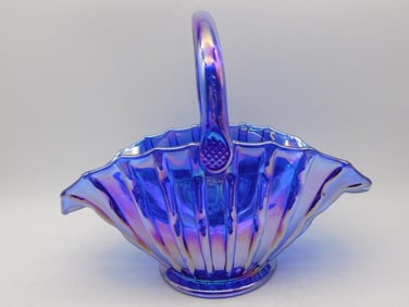 LE SMITH Iridescent Blue Carnival Glass Basket with Embossed Handle