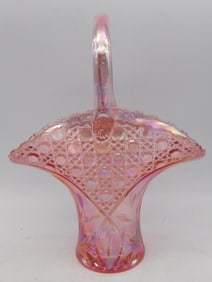 LE SMITH Handmade Pink Iridescent Glass Basket with Handle