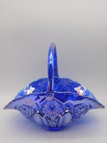 LE SMITH Blue Carnival Glass Basket with Handle and Intricate Design