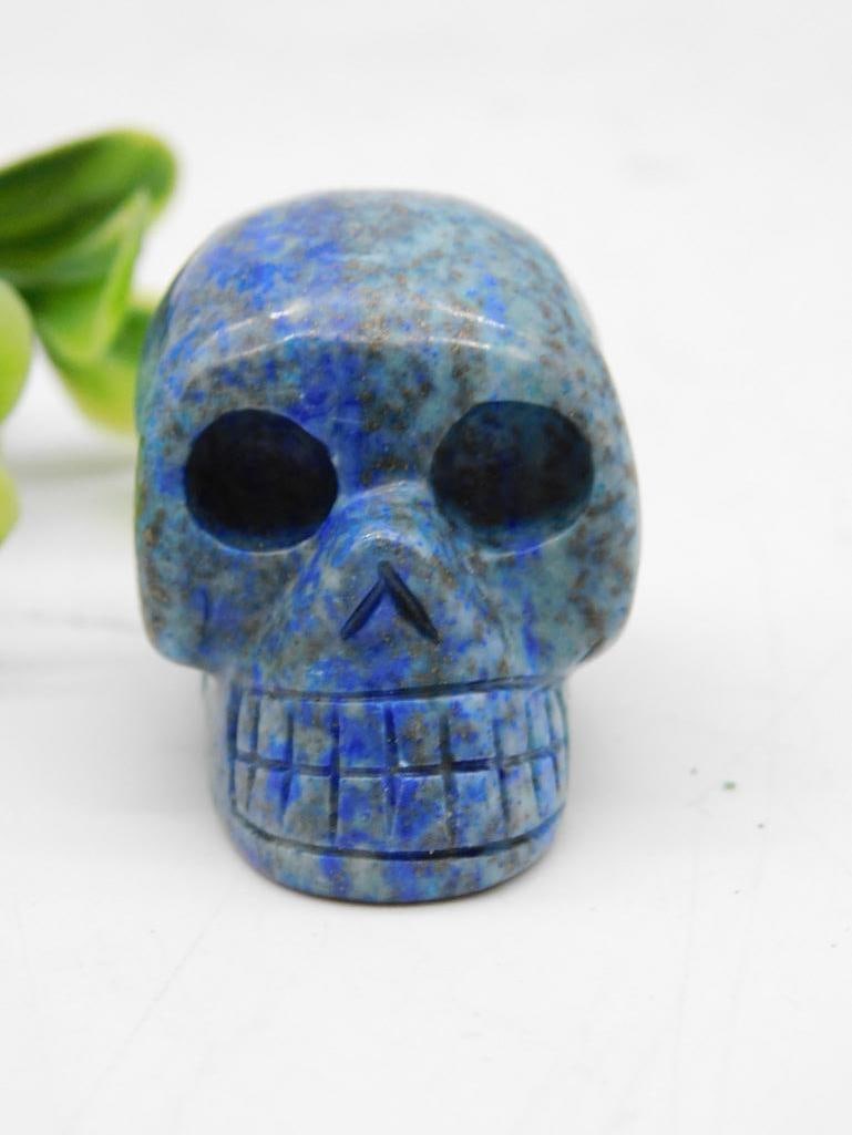Blue Stone Skull Decorative Carving Rock Stone Lapidary Specimen: Blue stone carving in the shape of a skull. | Crafted with detailed features including hollowed eyes and engraved teeth. | Shown beside a quarter for size reference. | The lot includes additional desc