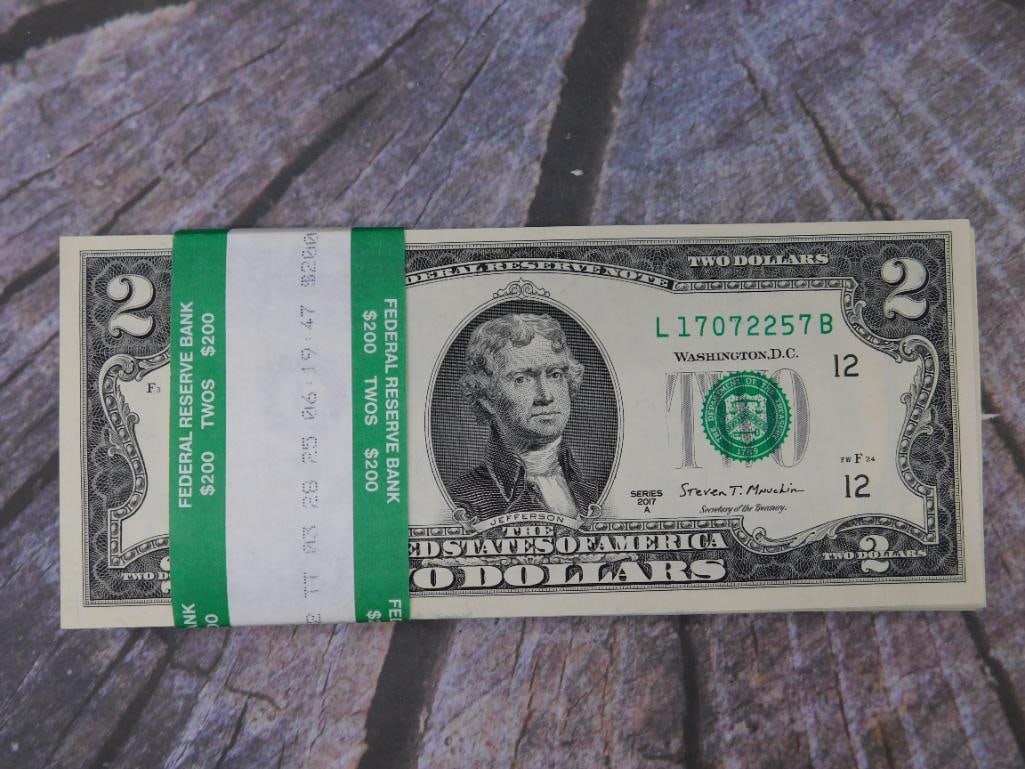 100 $2 BILLS UNOPENED BRICK CRISP TWO DOLLAR BILLS: 100 $2 BILLS UNOPENED CRISP BRICK Front (Obverse): Portrait: Thomas Jefferson, the 3rd President of the United States. Design Elements: The words ?Federal Reserve Note? across the top. ?United States