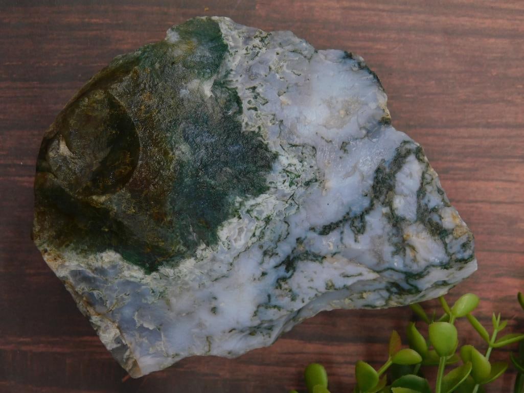 Moss Agate Specimen ROCK STONE LAPIDARY SPECIMEN: A moss agate specimen showcasing green and white moss-like inclusions. | Features natural patterns accented by translucent and opaque areas. | Weight and dimensions clearly visible in the images for r