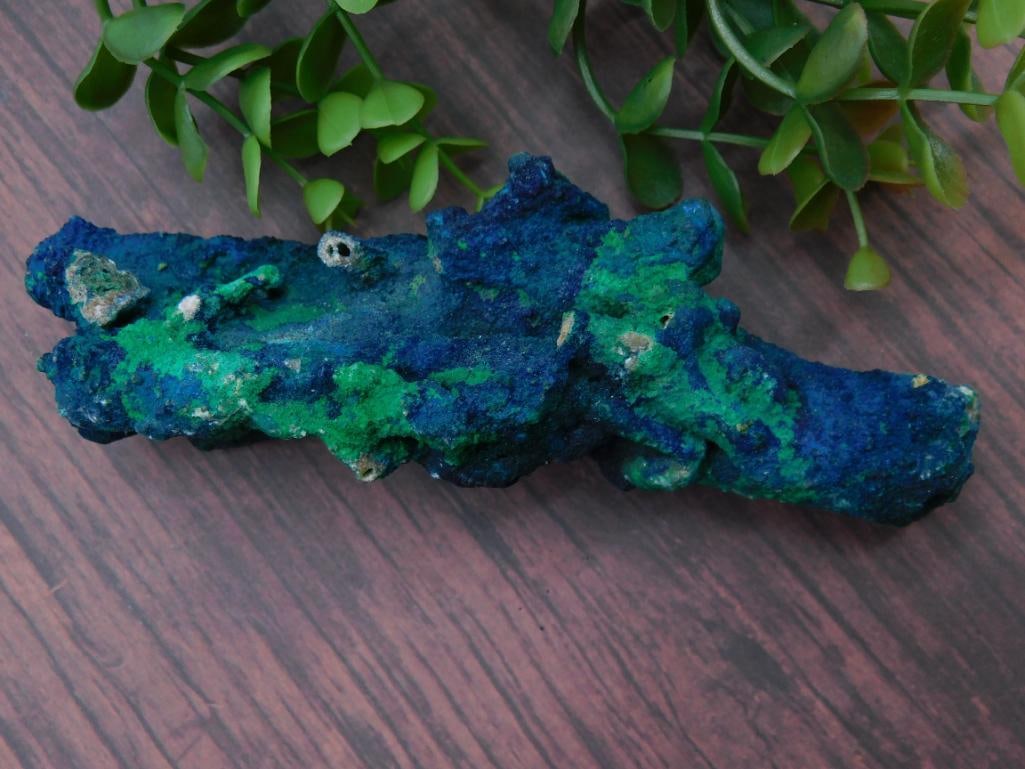 Azurite and Malachite ROCK STONE LAPIDARY SPECIMEN: Natural mineral specimen featuring a blend of vivid blue azurite and green malachite. | Approximate weight is labeled as 115 grams. | Unique and irregular shape with notable texture and intricate crys