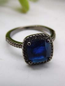 Silver-Tone Ring with Large Blue Stone, Size 5.5