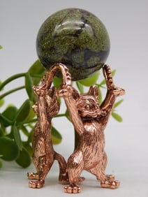Copper Raccoon Figurine with Green Stone Sphere ROCK STONE LAPIDARY SPECIMEN