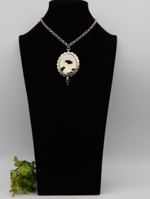 Oval Pendant Necklace With Cowhide and Silver-Tone Accent
