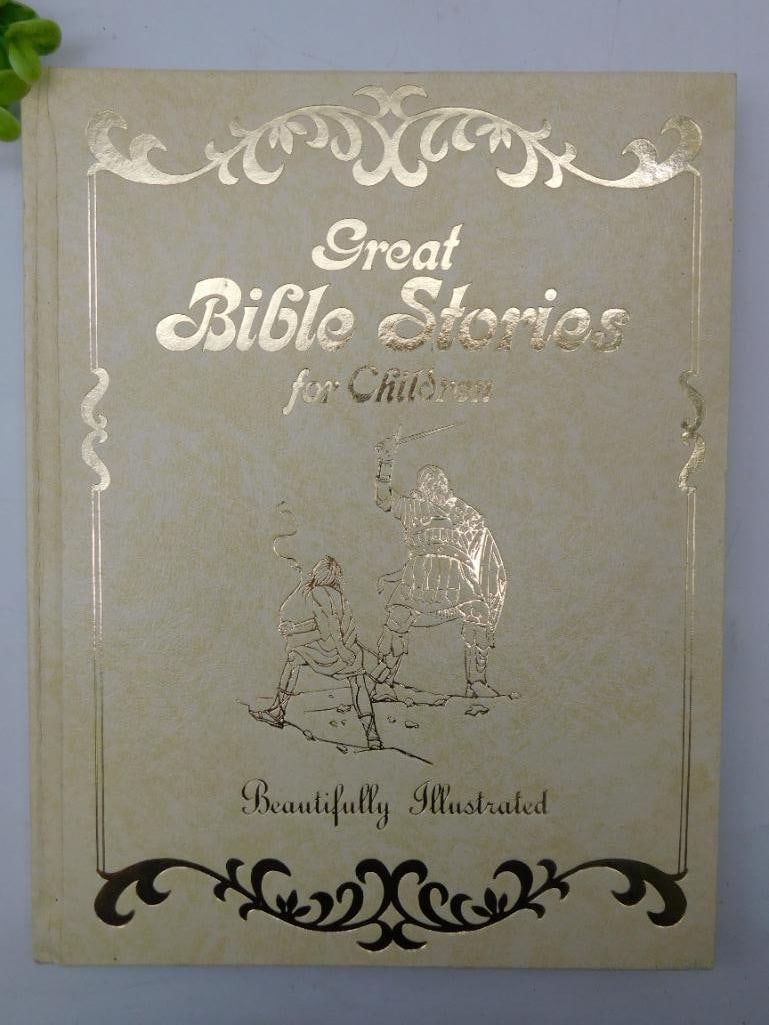 Great Bible Stories for Children, 1974 Hardcover Book: Title: Great Bible Stories for Children | Hardcover edition with gold embossing and illustration on the cover | Published in 1974 by Royal Publishers, Inc. | Contains beautifully illustrated stories f
