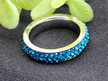Silver Band Ring with Blue Crystals, Size 7