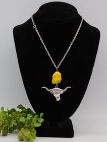 Silver Longhorn Pendant Necklace with Yellow Accent