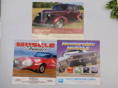 Automotive-Themed Calendars Featuring Classic Cars: Lot of 3 automotive-themed calendars from various years. | Includes "Muscle Thunder: A Thirteen-Month 2001 Calendar," "Memorable Muscle: 2009 Sportsman Calendar," and a bank promotional car calendar.