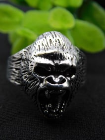 Mens Silver-Tone Gorilla Head Statement Ring, Size 10.5