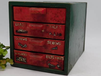 Vintage Hardware Organizer with Drawers for Small Parts: Vintage small parts organizer featuring 4 compartments labeled for different hardware types (Brad Tacks, Screws, Washers, Bolts & Nuts). | Each drawer contains assorted small hardware pieces such as s