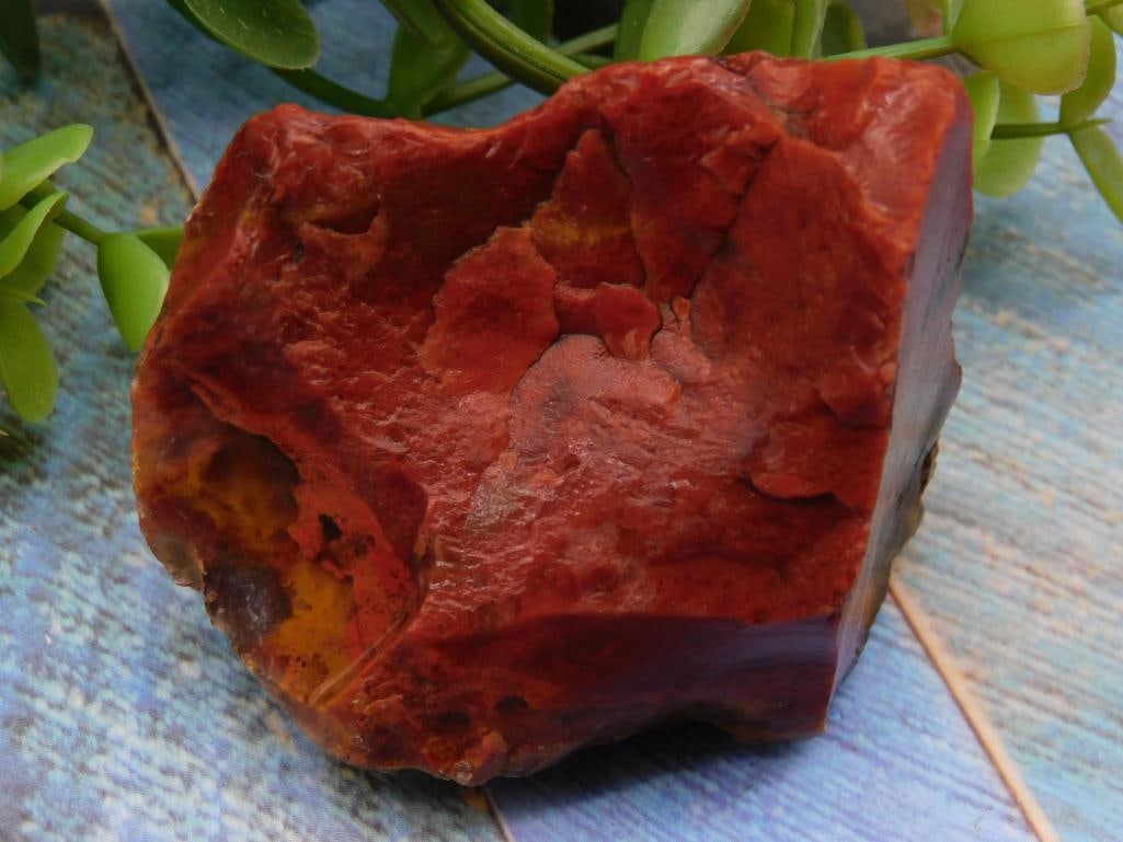 Fire Plume Agate ROCK STONE LAPIDARY SPECIMEN: Natural raw red jasper stone featuring vibrant red hues with earthy accents. | Approximate size shown relative to a coin for scale. | Designated as Lot #107 in the auction, weighing an undetermined am