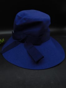 Navy Blue Wide-Brimmed Women?s Hat with Ribbon Accent