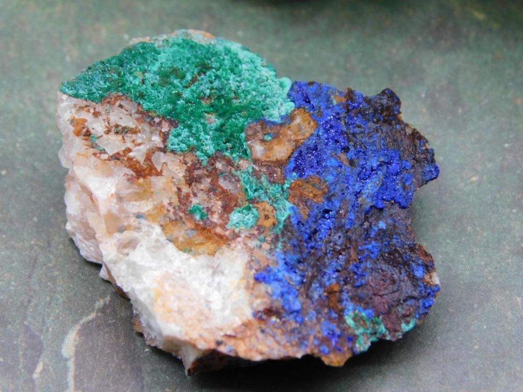 Malachite and Azurite Mineral Specimen ROCK STONE LAPIDARY SPECIMEN: Natural mineral specimen showcasing vibrant green malachite and blue azurite formations. | Specimen includes a matrix of raw stone for contrast. | Size reference shown with a coin for scale (dimension