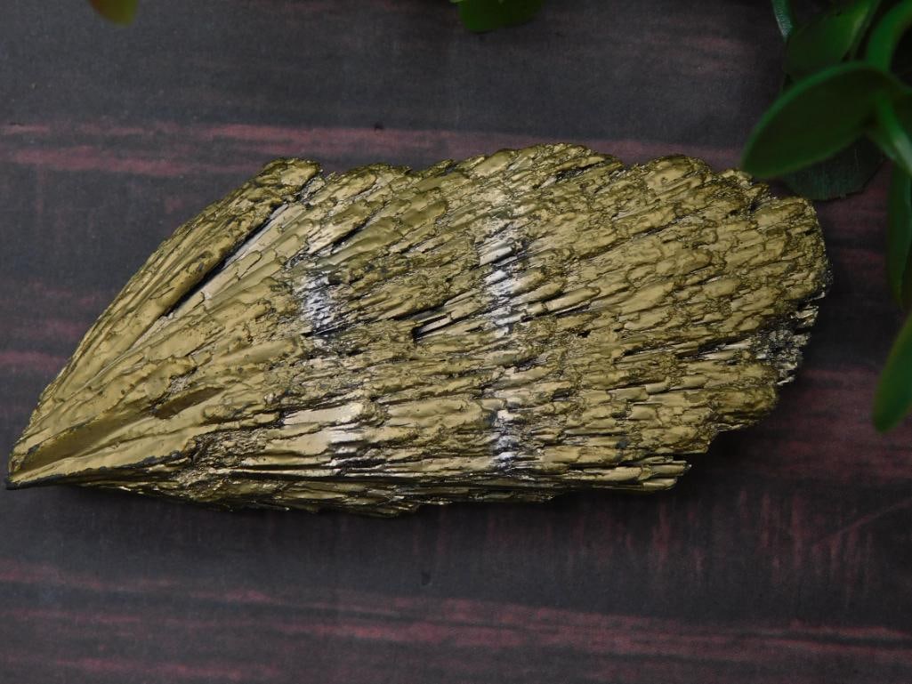 Titanium Kyanite Rock Stone Lapidary Specimen: Approximate length of 4 inches, shown next to a ruler for scale. | Lightweight and delicate, suitable for collectors or display. | Part of a labeled auction lot, indicating weight in grams and associa