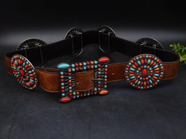 Brown Leather Belt with Multicolor Beaded Design