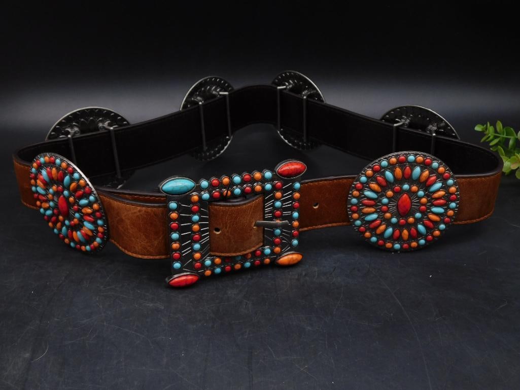 Brown Leather Belt with Multicolor Beaded Design: Stylish brown leather belt with vibrant multicolor beaded embellishments. | Features oval beaded accents and an intricately detailed buckle. | Tag indicates style BE-KA0008 WS-BR, size Small. | Includ