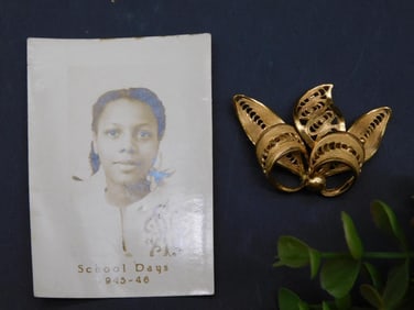 Vintage Photograph and Gold-Tone Brooch Set