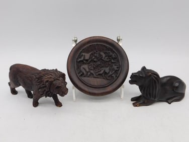 Carved Wooden Lion Decor Set of 3